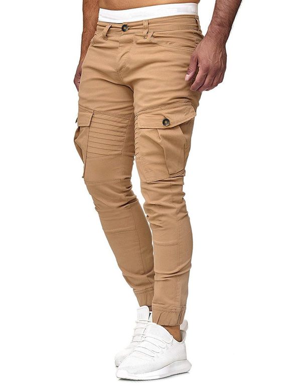 Pantalon de Jogging Décontracté Plissé en Couleur Unie avec Poche à Rabat - Kaki XL