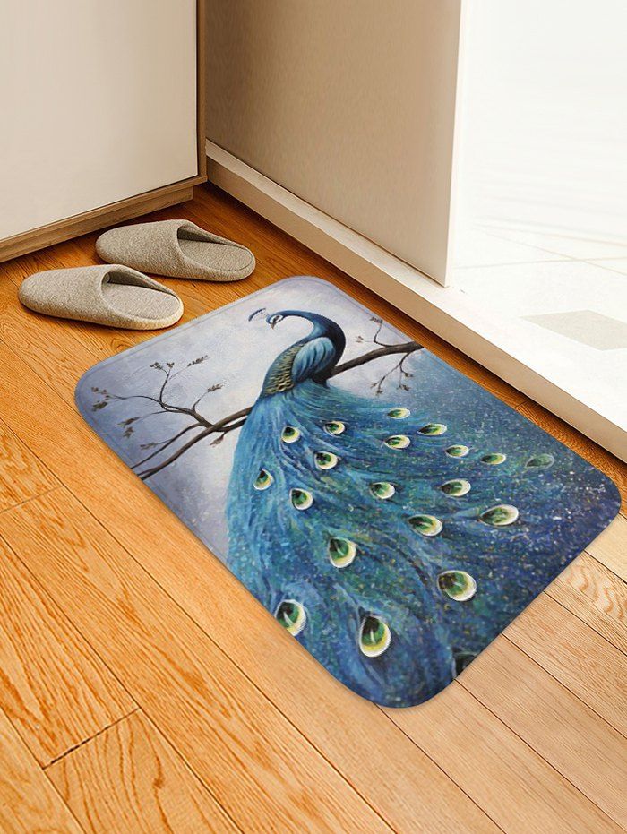 

Peacock Print Design Floor Mat, Blue gray