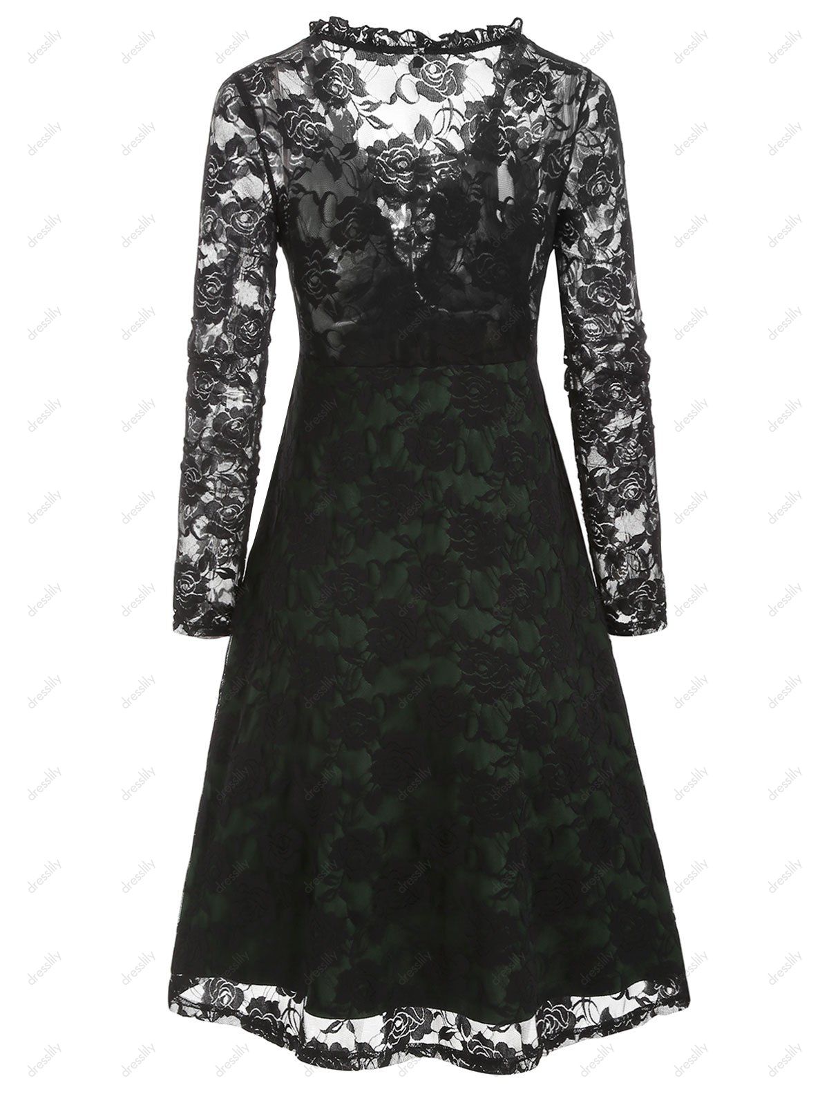 [31 OFF] 2021 Plunge Neck Laceup Ruffle Flower Lace Dress In BLACK
