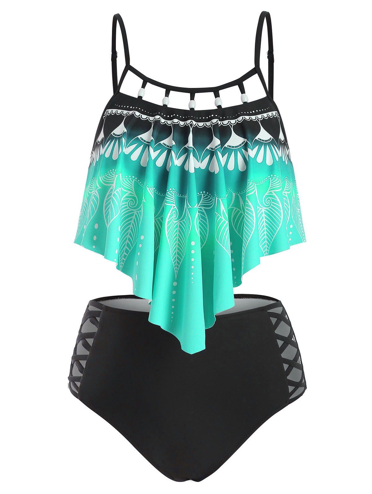 Leaf Print Beading Embellished Criss Criss Tankini Swimsuit - multicolor B XL