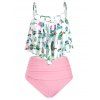 Maillot de Bain Tankini Découpé Cactus Imprimé à Volants - Rose clair 3XL