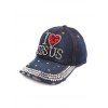 Casquette de Baseball I Love Jesus avec Strass - Bleu Foncé Toile de Jean 