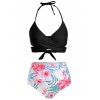 Tummy Control Bikini Swimsuit Tropical Floral Print Swimwear Halter Wrap Vacation Bathing Suit - BLACK L