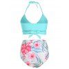 Ensemble de Maillot de Bain Bikini à Imprimé Fleuri à Col Halter et de Short de Vacance en Deux Pièces - Bleu de Ciel S