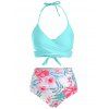 Tummy Control Bikini Swimsuit Tropical Floral Print Swimwear Halter Wrap Vacation Bathing Suit - BLACK L