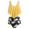 Maillot de Bain Tankini Feuille Fleuri à Taille Haute de Grande Taille à Volants - Verge d'Or 3X