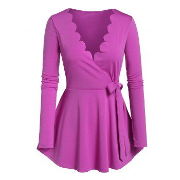 

Plus Size Plunge Scalloped Long Sleeve Knotted Tee, Purple