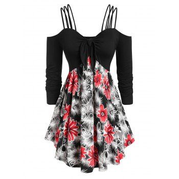 

Plus Size Open Shoulder Knotted Floral T-shirt, Black