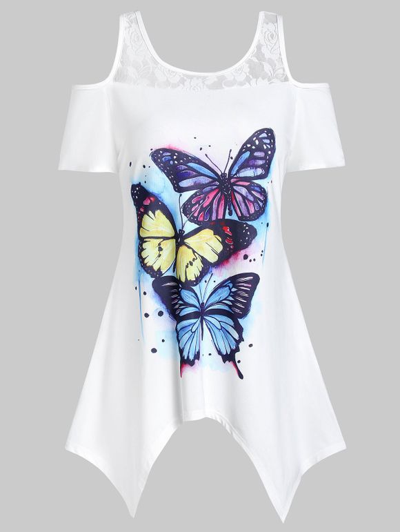 T-shirt imprimé papillon avec épaule froide et mouchoir - Blanc M