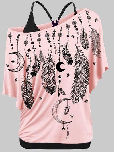 Ensemble de T-shirt Plume Imprimée de Grande Taille à Col Oblique et de Débardeur Deux Pièces - Rose Cochon 4X