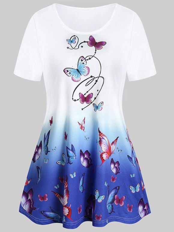 T-shirt Tunique Papillon Imprimé à Col Rond - multicolor A M