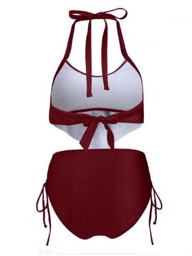 Feather Print Flounce Overlay Cinched Halter Tankini Swimsuit