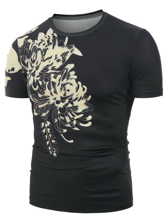 T-shirt Fleur Imprimée à Manches Courtes - Noir 2XL