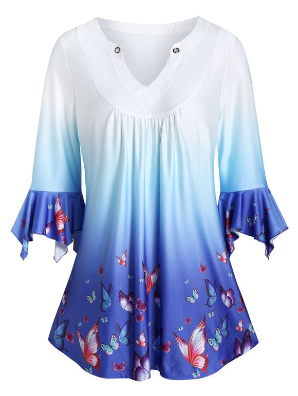 T-shirt Ombré à Imprimé Papillon à Col V - Bleu profond XL
