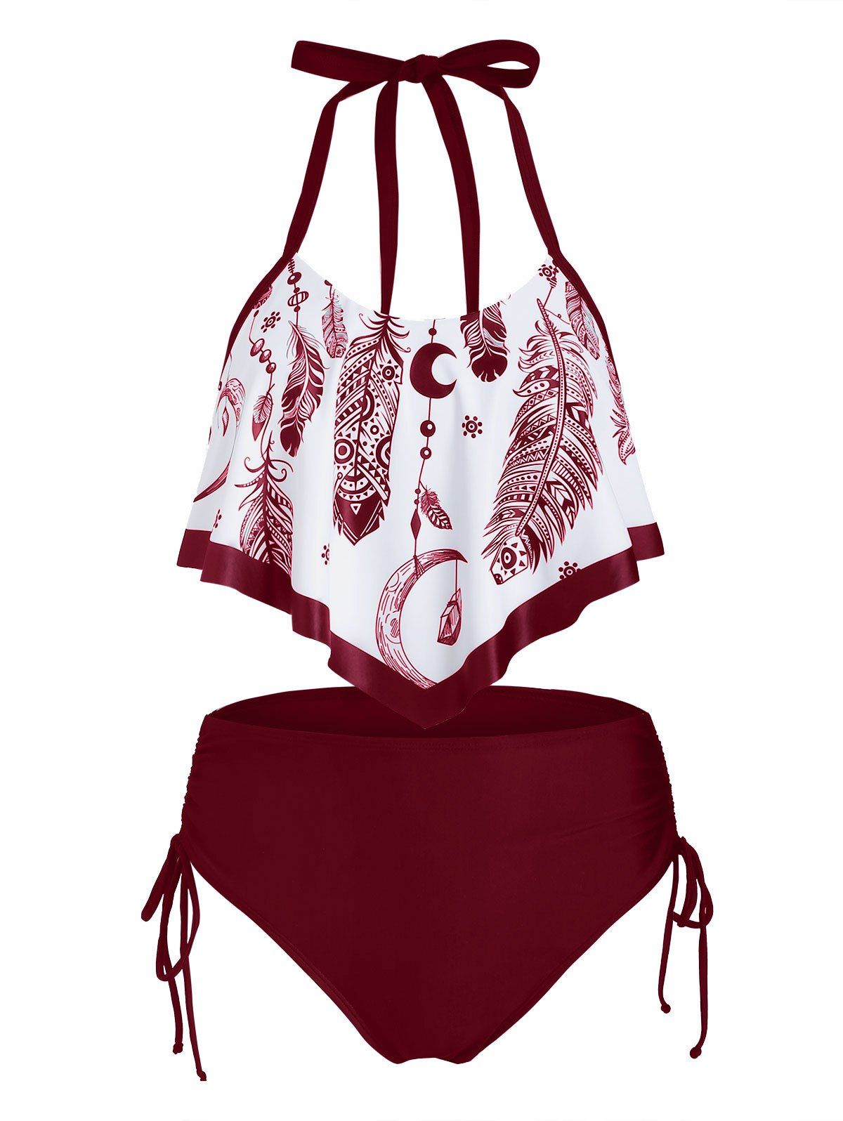 Bohemian Tankini Swimsuit Feather Print Bathing Suit Flounce Overlay Cinched Halter Two Piece Swimwear - RED WINE XL