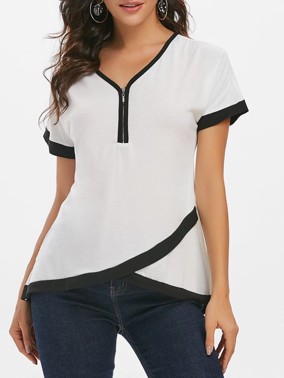 T-shirt Contrasté Zip en Avant à Ourlet Tulipe - Blanc 3XL