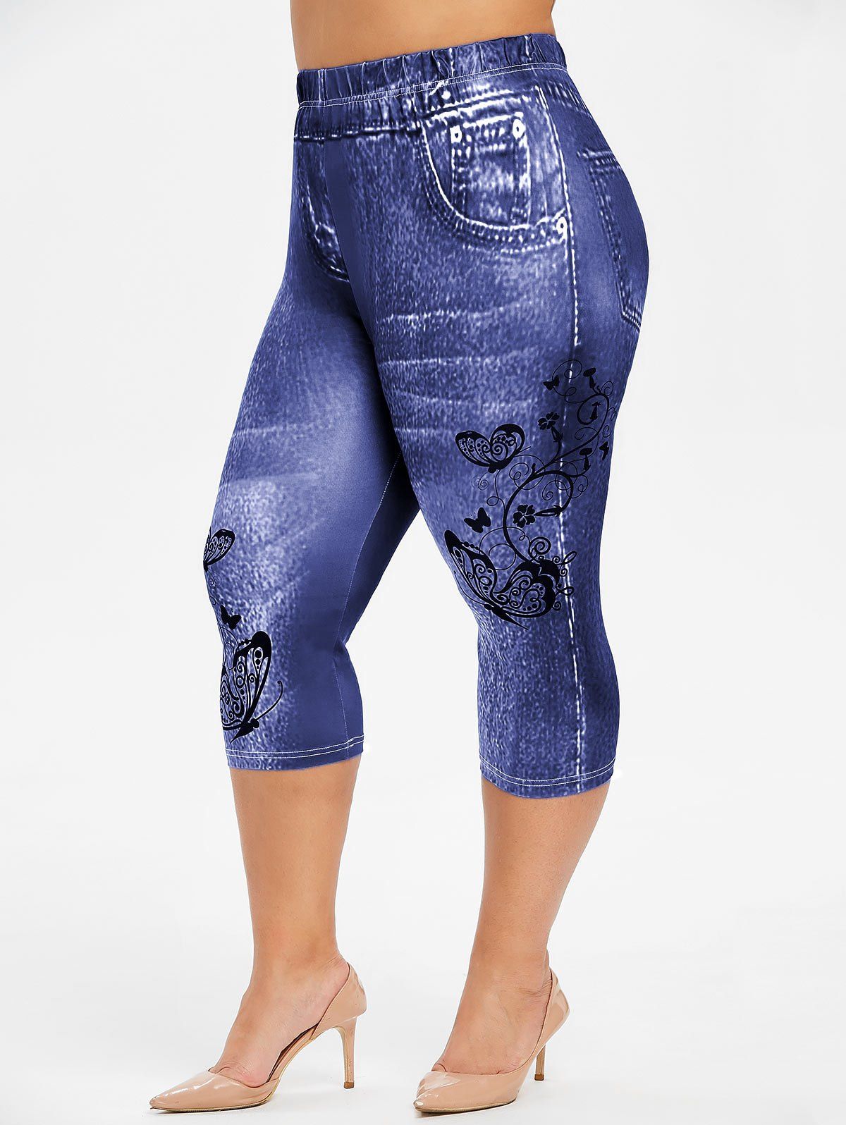 

Plus Size Butterfly 3D Jean Print Leggings, Deep blue