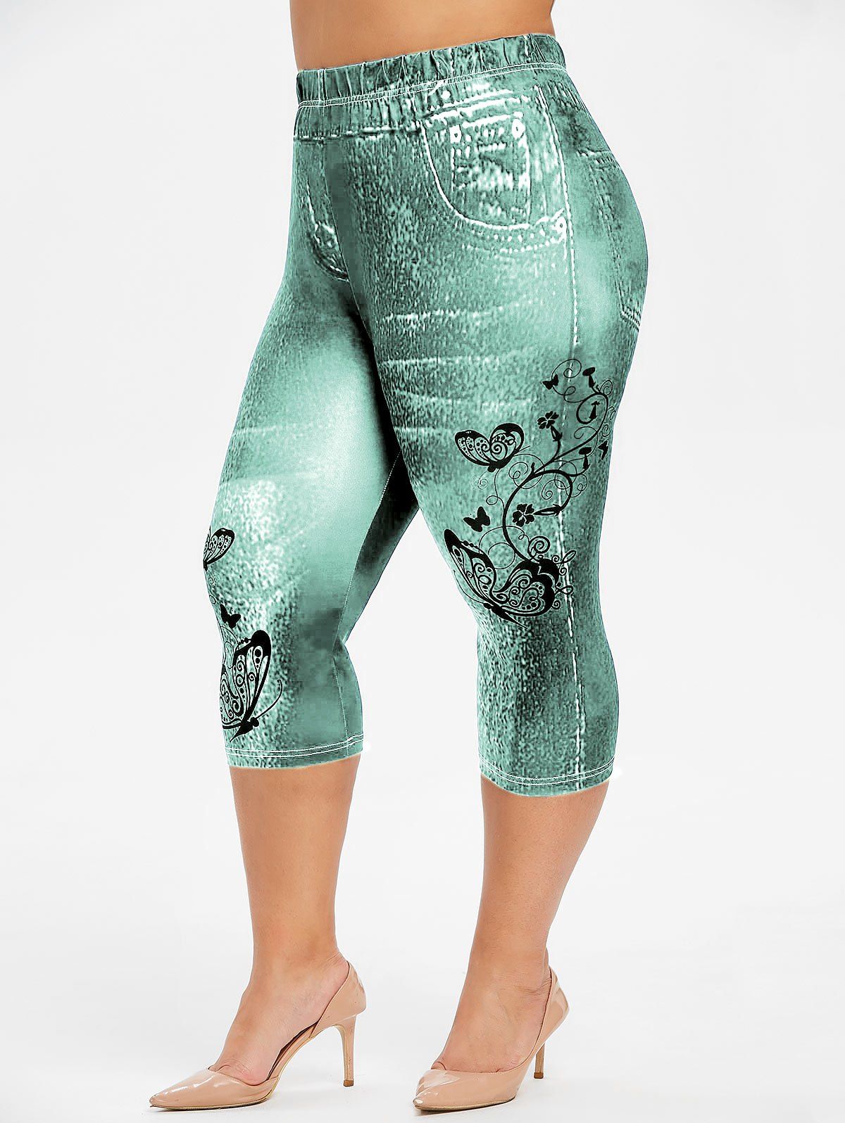 

Plus Size Butterfly 3D Jean Print Leggings, Sea turtle green