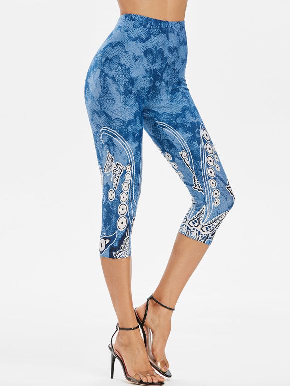 Pantalon Capri Fleuri Imprimé à Taille Elastique - Bleu Bleuet 2XL