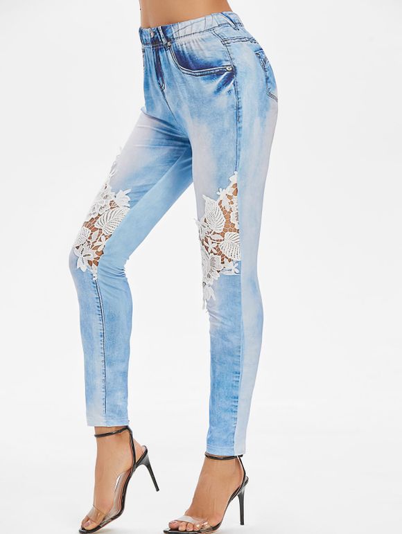 Pantalon Applique Imprimé à Taille Elastique - Bleu Toile de Jean 2XL