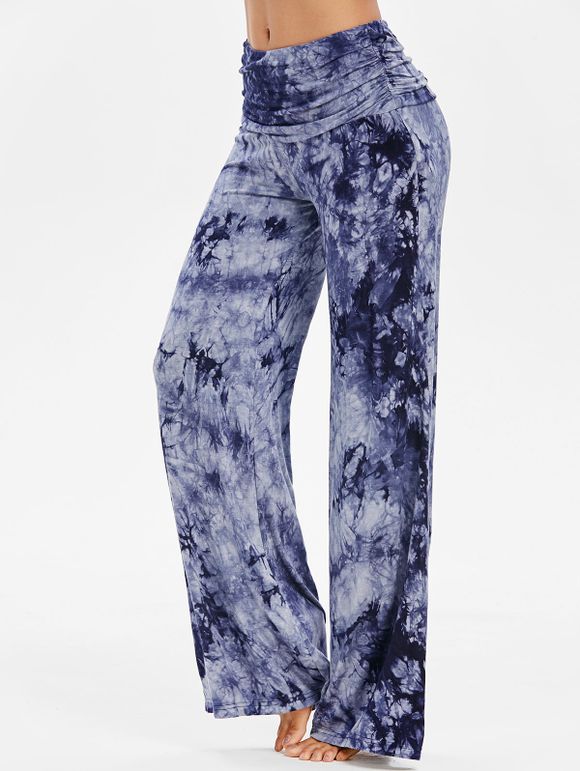 Pantalon Décontracté Teinté à Taille Haute - Bleu 2XL