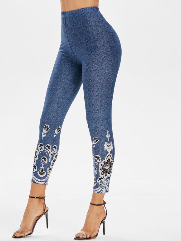 Pantalon Fleuri Imprimé à Taille Elastique - Bleu de Soie 2XL