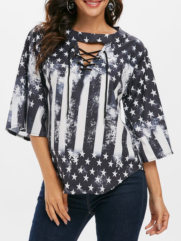 Patriotic American Flag Lace Up Cutout T-shirt - BLACK M