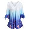 T-shirt Ombré à Imprimé Papillon à Col V - Bleu profond L