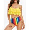 Rainbow Striped Tiered Overlay Bikini Swimsuit - YELLOW 3XL