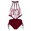 Bohemian Tankini Swimsuit Feather Print Bathing Suit Flounce Overlay Cinched Halter Two Piece Swimwear - WHITE M