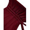 Bohemian Tankini Swimsuit Feather Print Bathing Suit Flounce Overlay Cinched Halter Two Piece Swimwear - RED WINE M
