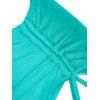 Feather Print Flounce Overlay Cinched Halter Tankini Swimsuit - MEDIUM TURQUOISE L