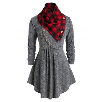 

Plus Size Plaid Cowl Neck Space Dye Knitwear, Dark gray