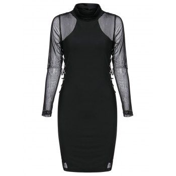 

Rivet Embellished Mesh Insert Lace-up Gothic Bodycon Dress, Black