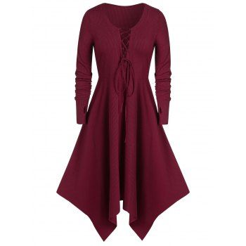

Plus Size Lace Up Solid Asymmetrical Dress, Red wine