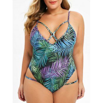 

Plus Size Leaves Print Criss Cross One-piece Swimsuit, Multicolor a