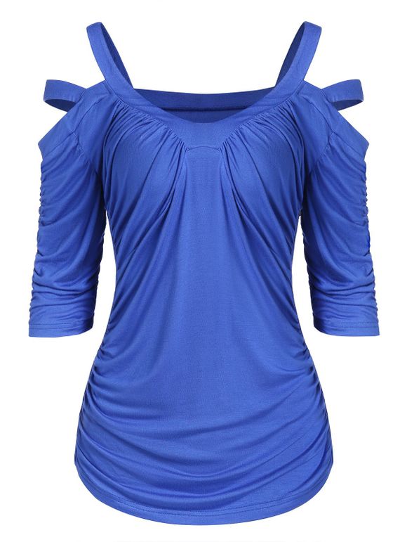 T-shirt Epaule Ouverte à Col Plongeant à Volants - Bleu Myrtille 2XL