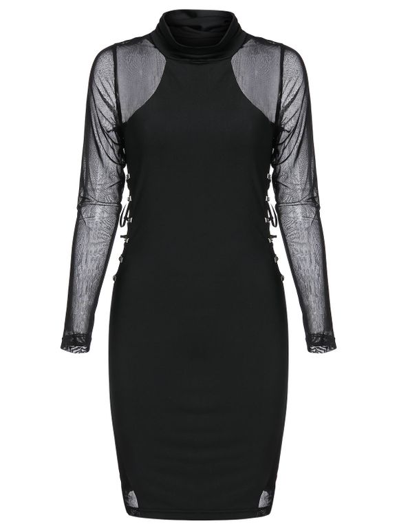Robe Moulante Gothique en Maille Insérée Embellie de Rivet à Lacets - Noir XL