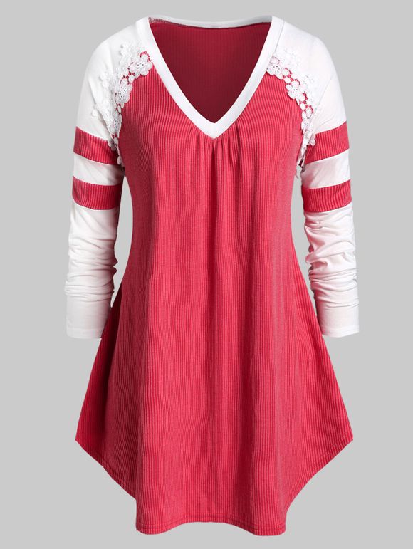 T-shirt Tunique Bicolore Manches Raglan de Grande Taille - Rouge Rose 4X