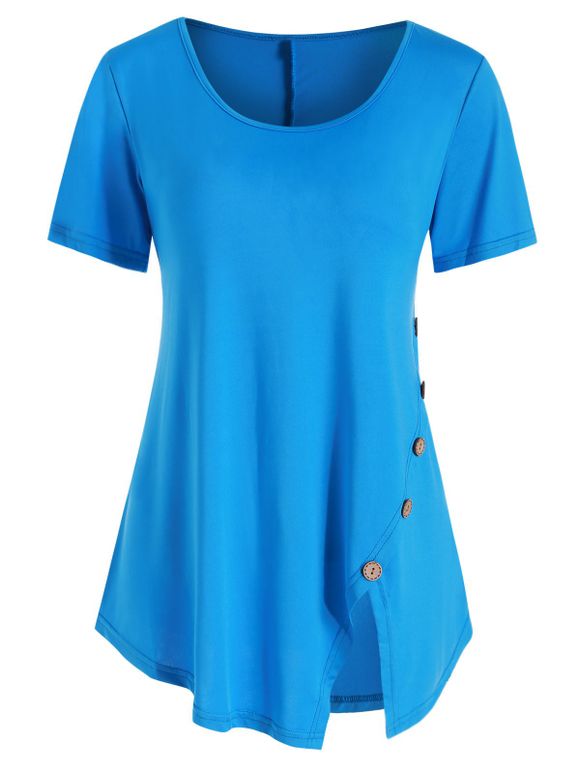 T-shirt Long Fendu Embelli de Bouton - Ciel Bleu Foncé M