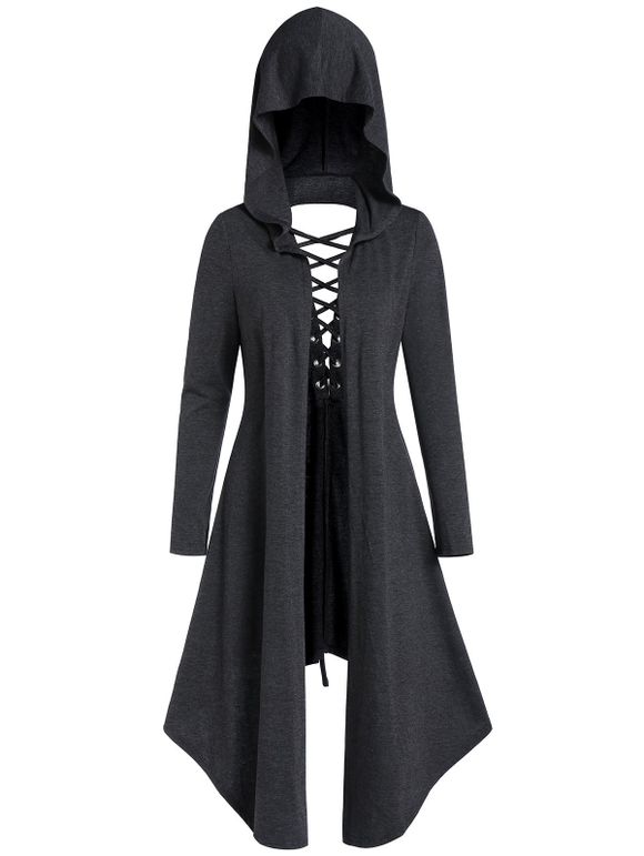 Manteau à Capuche Gothique Découpé Asymétrique à Lacets - Noir 2XL