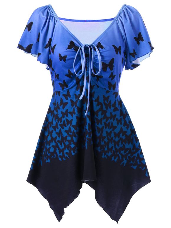 T-shirt Asymétrique Sanglé Ombré Papillon Imprimé - Bleu Myrtille S