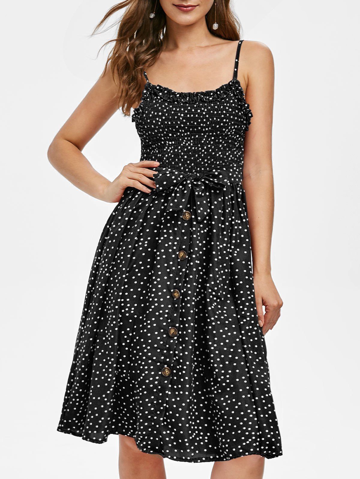 

Polka Dot Smocked Midi A Line Dress, Black