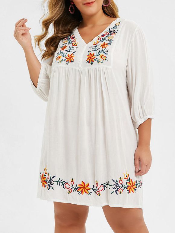 Mini-Robe Droite Fleur Brodée de Grande Taille à Col V - Blanc L