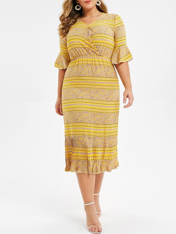 Plus Size Floral Imprimer Volants minuscule Midi Robe - Verge d'Or 1X