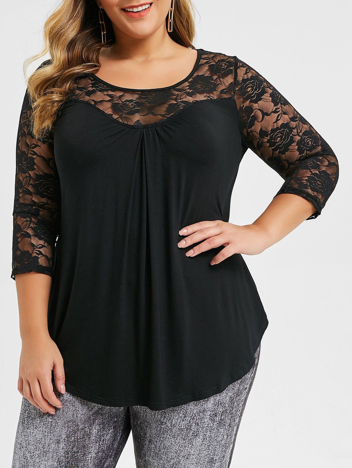 [37% OFF] 2021 Plus Size See Thru Lace Insert Solid T Shirt In BLACK ...