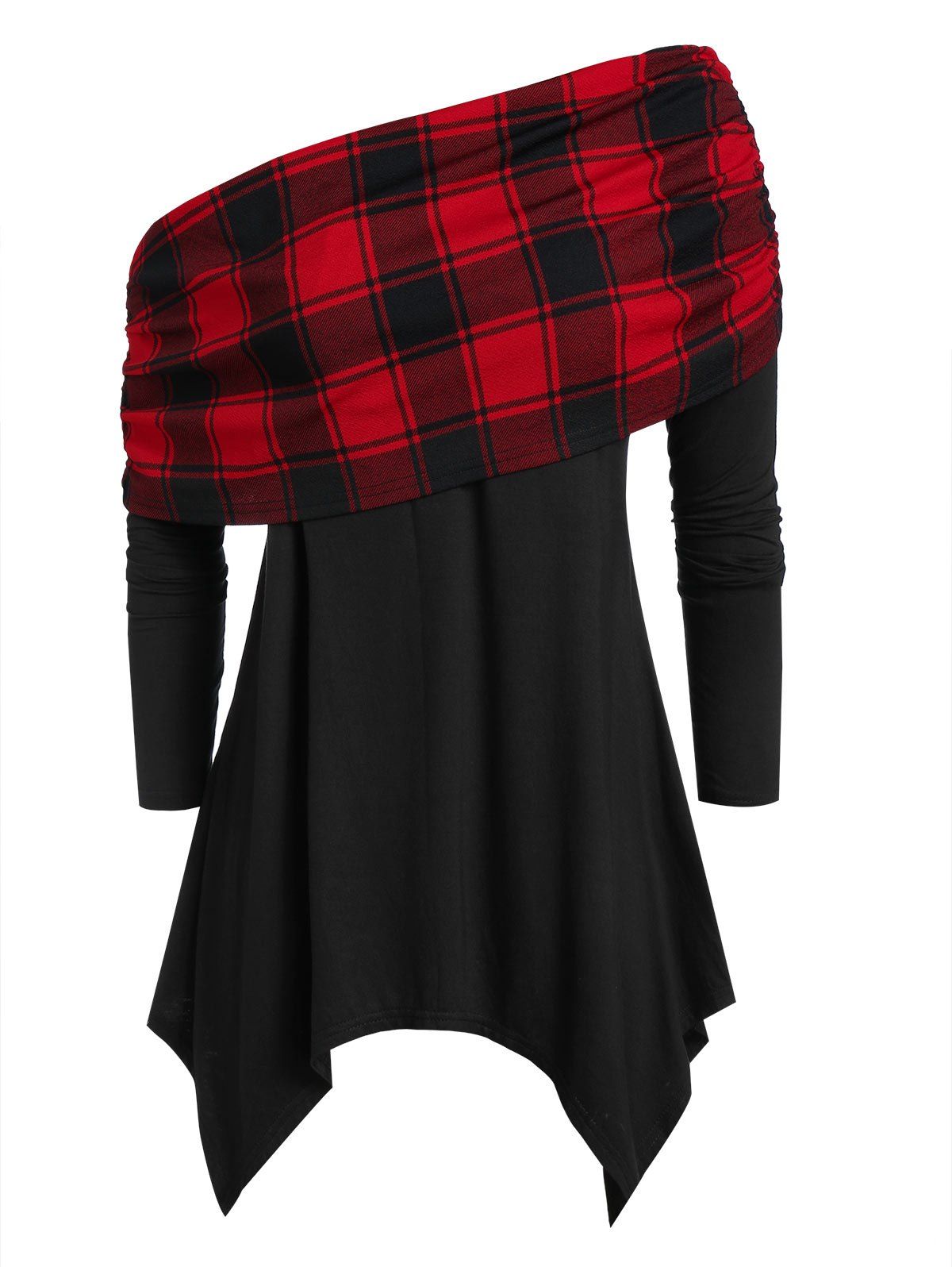 

Plus Size Skew Collar Plaid Panel Asymmetric T Shirt, Black