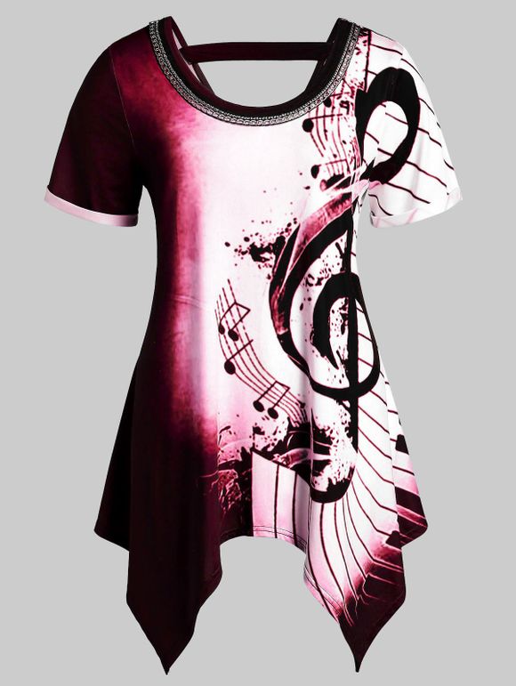 T-shirt Asymétrique Embelli de Chaîne Note de Musique Imprimée de Grande Taille - multicolor B 2X