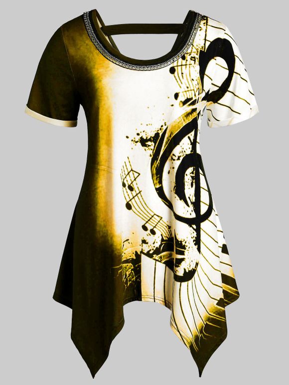 T-shirt Asymétrique Embelli de Chaîne Note de Musique Imprimée de Grande Taille - multicolor C 5X