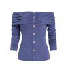 T-shirt Epaule Dénudée à Manches Longues à Volants - Bleu Océan L